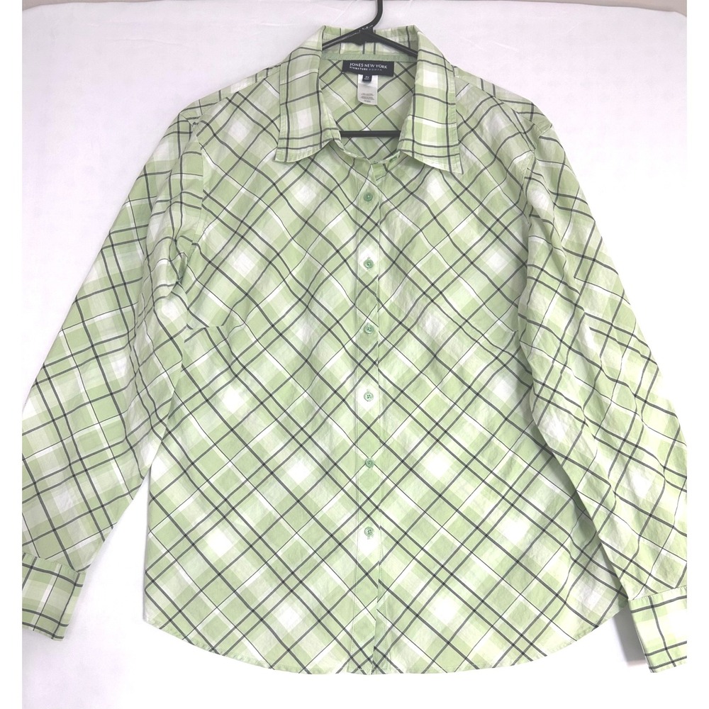 Jones New York Signature Green Plaid Button Up Shirt 2X Cotton Long Sleeve